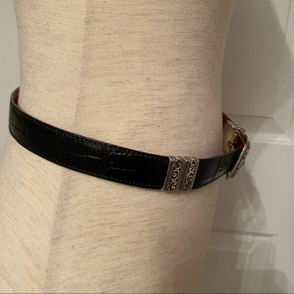BRIGHTON BELT BLACK RED LEATHER REVERSIBLE SILVER TONE HARDWARE size 32